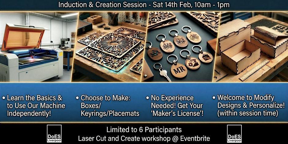 Workshop poster with images of items, such as keyrings and boxes, that can be made on a laser cutter