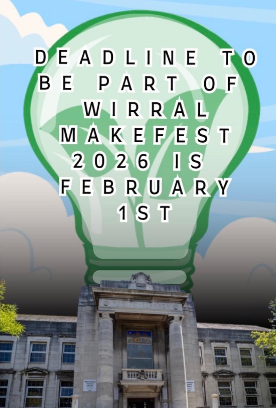 Photo of Birkenhead Central Library under a drawn blue sky and light bulb containing a green plant. Text reads 