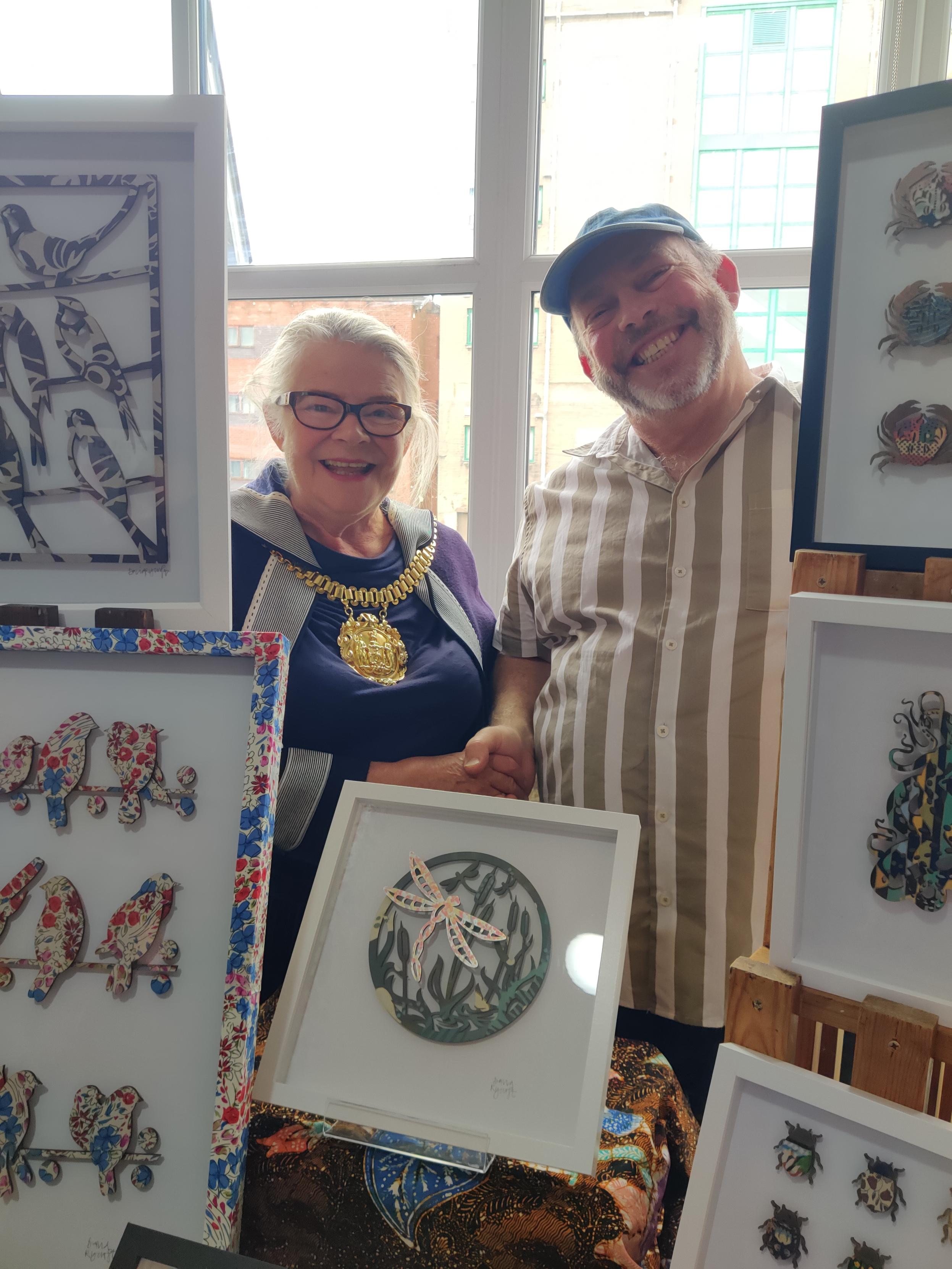 Lord Mayor Barbara Murray with David and his laser cut pictures