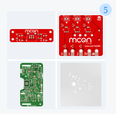 Screen grab of the PCB manufacturer shopping cart, showing two red PCBs - one long and thin, one roughly square; a green PCB with a notch in one side; and a PCB stencil