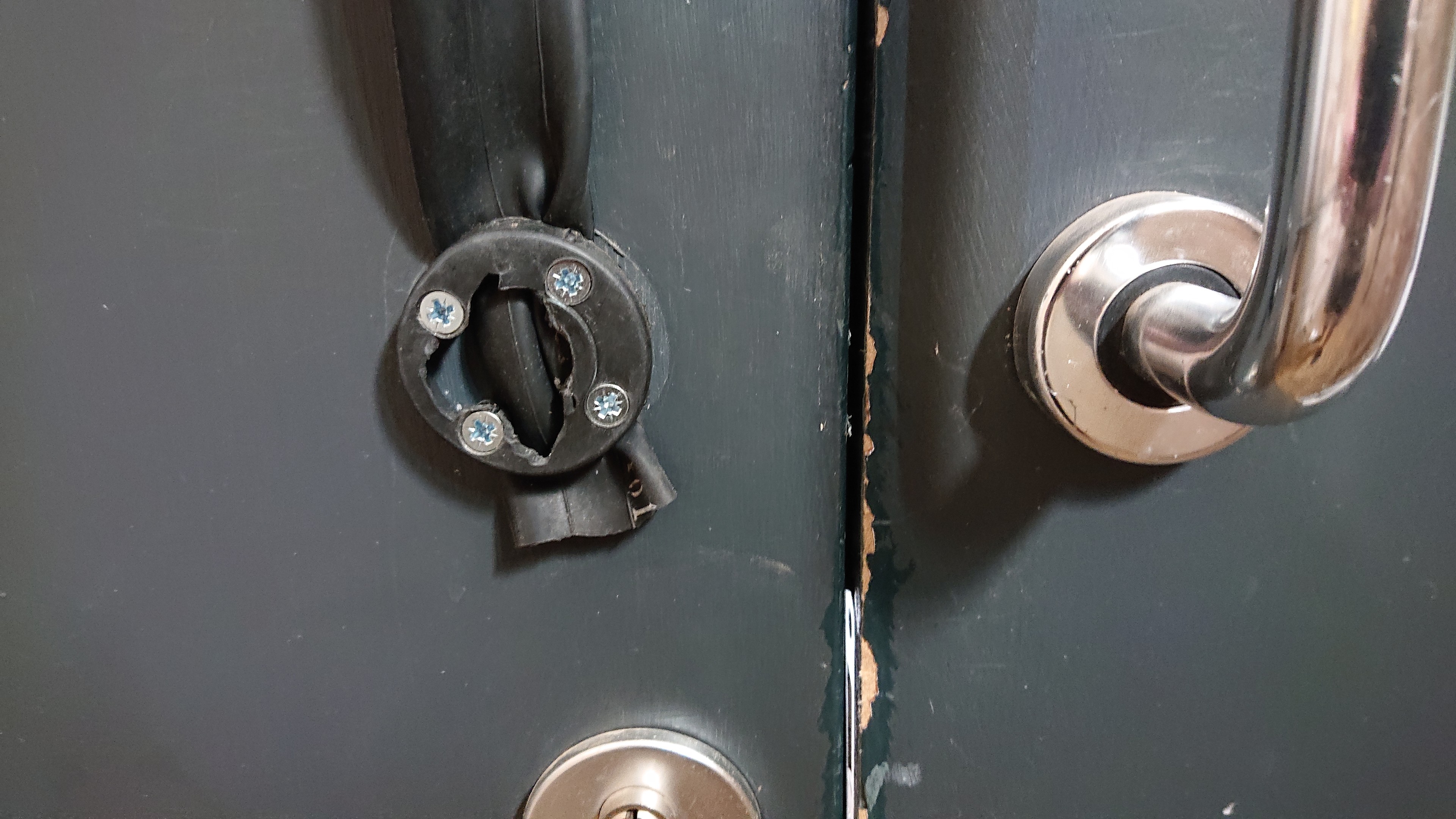 Close up of the bottom of a pair of pull handles on some doors. On the right is the shiny chrome of the proper handle. On the left there's a black plastic disc with four screws holding it to the door. The centre of the disc is a jagged hole where the handle has broken the plastic. As a workaround, there's now a section of bike inner tube clamped between the disc and the door to fashion an alternative handle We'll gloss over the chipped paintwork no the edge of the right-hand door, where an assortment of folk haven't been careful enough while carrying things through the doorway over the years.