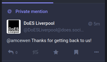 Screenshot of a private mention from DoES Liverpool thanking me for replying to their earlier message asking for consent to use my posts.