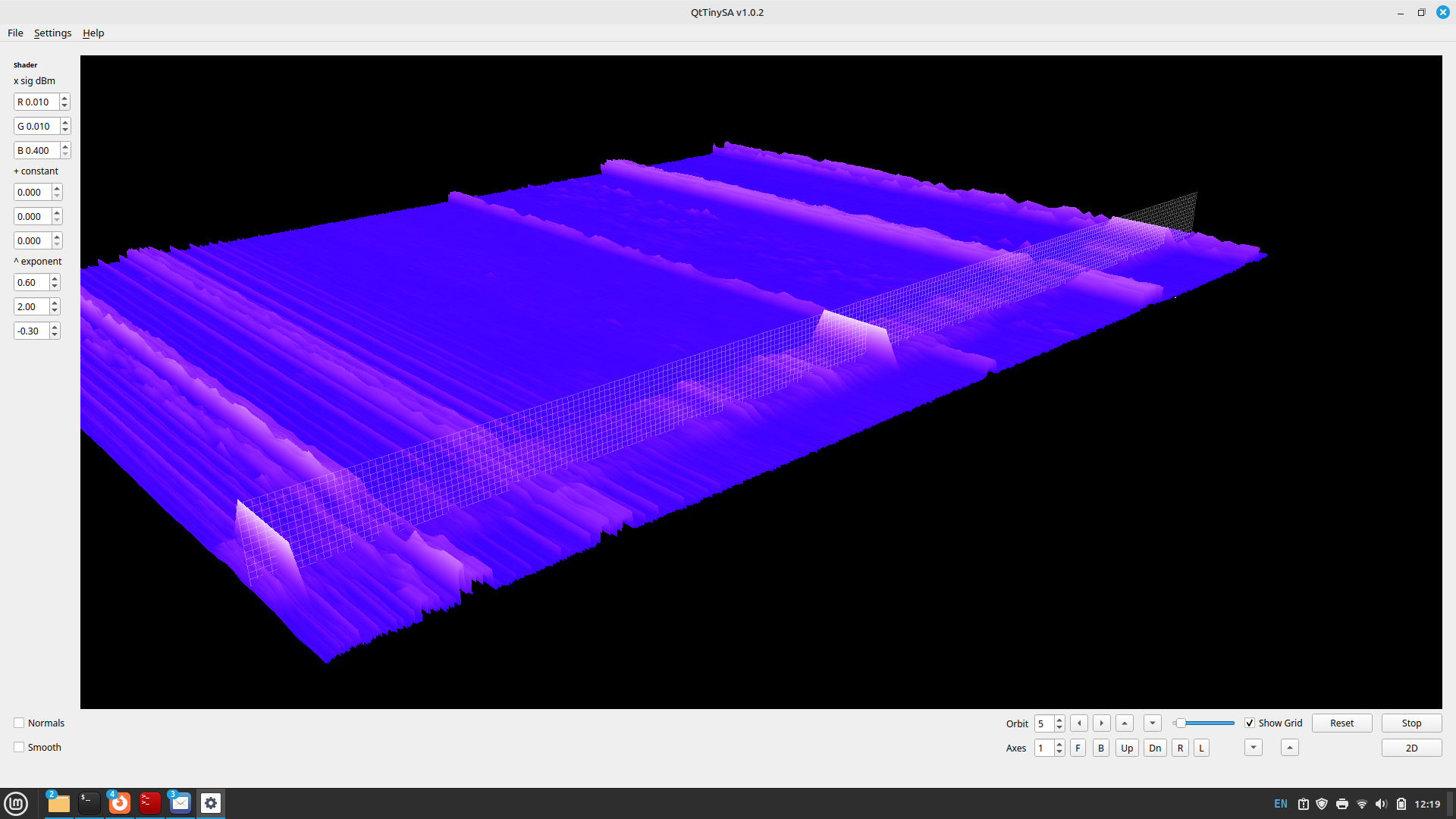 A 3D visualisation of a spectrum analyzer output for a device. The x-axis shows frequencies from low to high, with the y-axis showing the strength of the signal at each frequency. The z-axis shows how these change over time