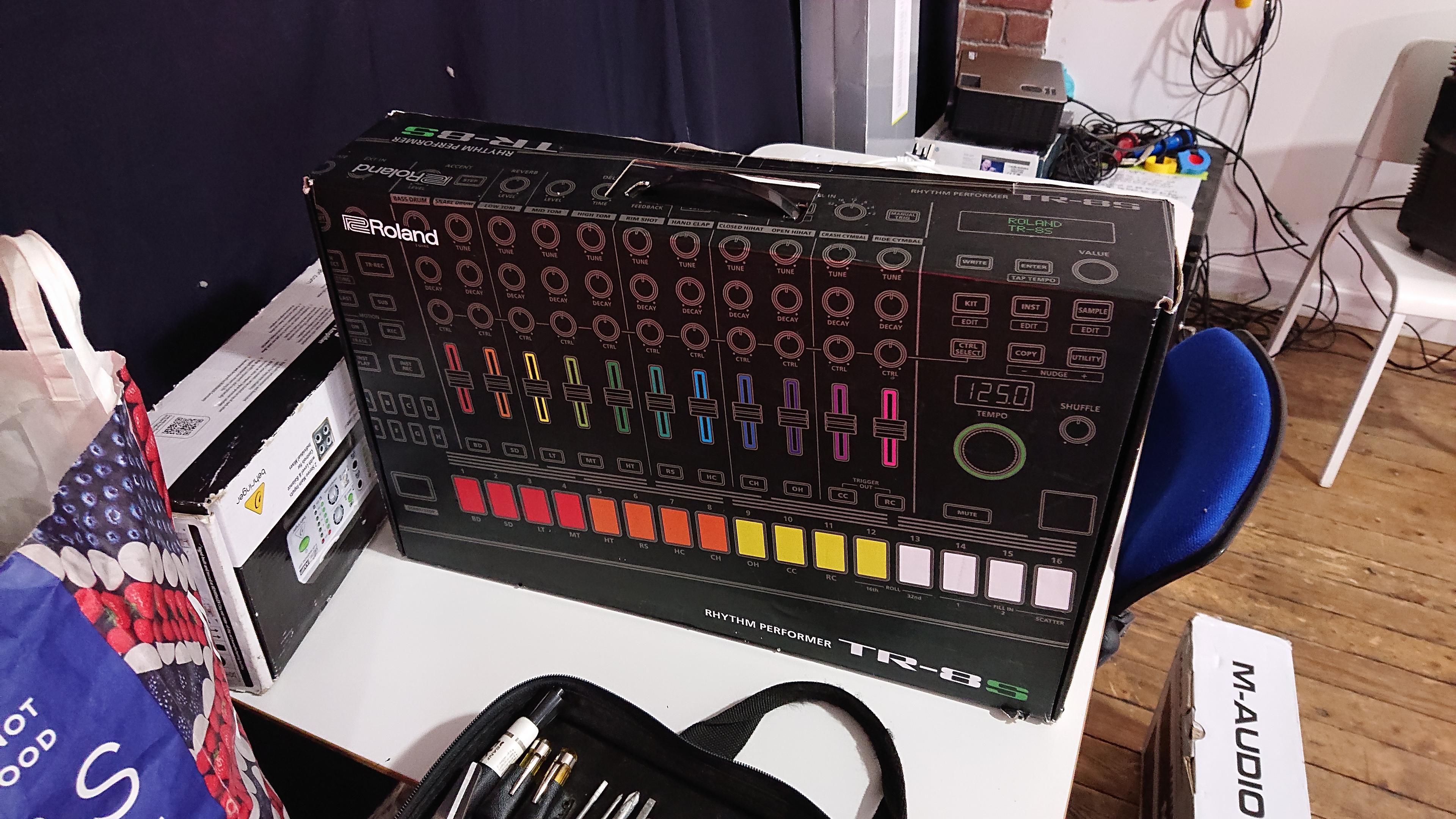 A Roland TR-8S, in its box