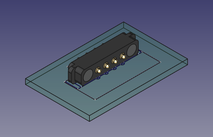 A screen grab from FreeCAD showing the earlier 3D model placed on top of a 3D render of a bit of green PCB with the footprint from Kicad on it