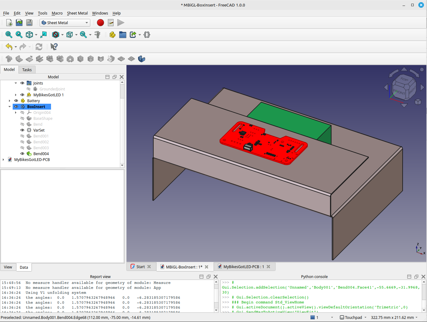 A screengrab of FreeCAD showing a red PCB (exported from Kicad, so missing a few components but has the important bits for this design work) sat on a folded cardboard (though it's not totally clear from the render that that's the case) insert with a green rectangular box (which will also be cardboard in reality, and so not green, but it makes it easier to differentiate it) sandwiched in between. The cardboard insert is rectangular with flaps folded down at either side, providing a void below it for a saddlebag (not pictured, that's far too tricky for me to bother drawing up in CAD!); the (green) battery box sits on top of that; and then a flap at the front of the insert folds up and round to wrap the battery box and provide a platform for the red PCB to sit on.