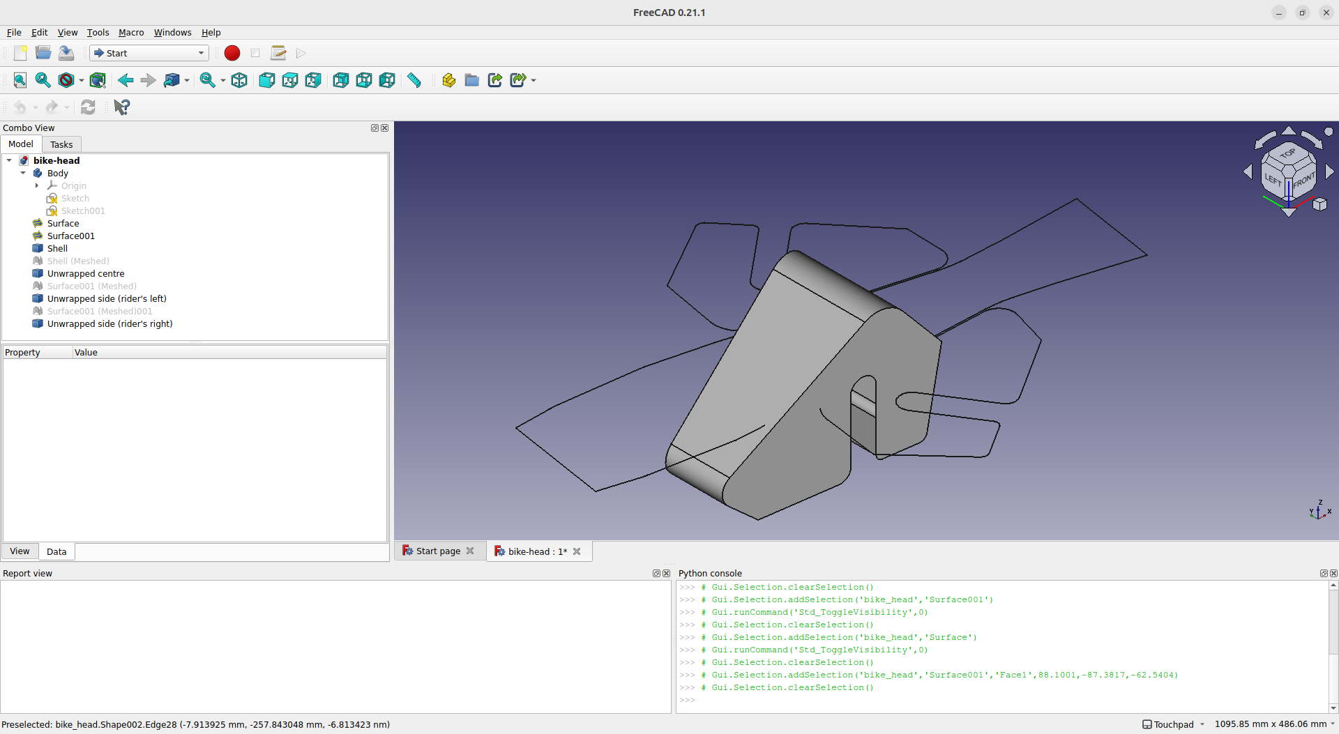 Screenshot of FreeCAD showing a roughly-triangular wedge shape with a slot cut in it and behind that the outline of the unwrapped mesh of the same shape