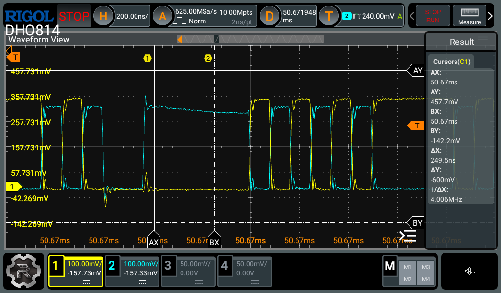 An oscilloscope trace showing the tail end of one USB packet, a momentary pause, and then the start of the next one. That's indicated by two traces overlaid, which broadly show assorted square waves: one for D+ and one for D-, when they flip that shows a 0 and when they stay apart it indicates a 1; when both traces drop to their lowest points together that indicates the end of a packet. A couple of white cursor lines are also shown - they're set three bits apart to help as we scroll through the trace decoding the individual bits to then turn to bytes and then to USB packet types.