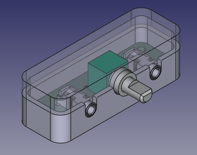 Render of a circuit board inside a rectangular case. There are two headphone sockets and a potentiometer on the PCB and they're poking through one side of the case. The case has a top and bottom half, and the top half is shown as transparent so the components inside are visible