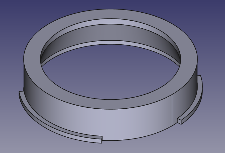 A screenshot of the render from FreeCAD of the lens cap design. It's basically a short pipe with three flanges coming out of the bottom of it. It won't work particularly well as a lens *cap* because there's a big hole in the top of it, but that's deliberate. The ligra design uses the lens cap as a mounting point for the lens and expects you to cut a large hole in the middle of it to let the light through. Rather than printing a full one and then cutting a hole in it, I'm doing the hole-cutting in software!