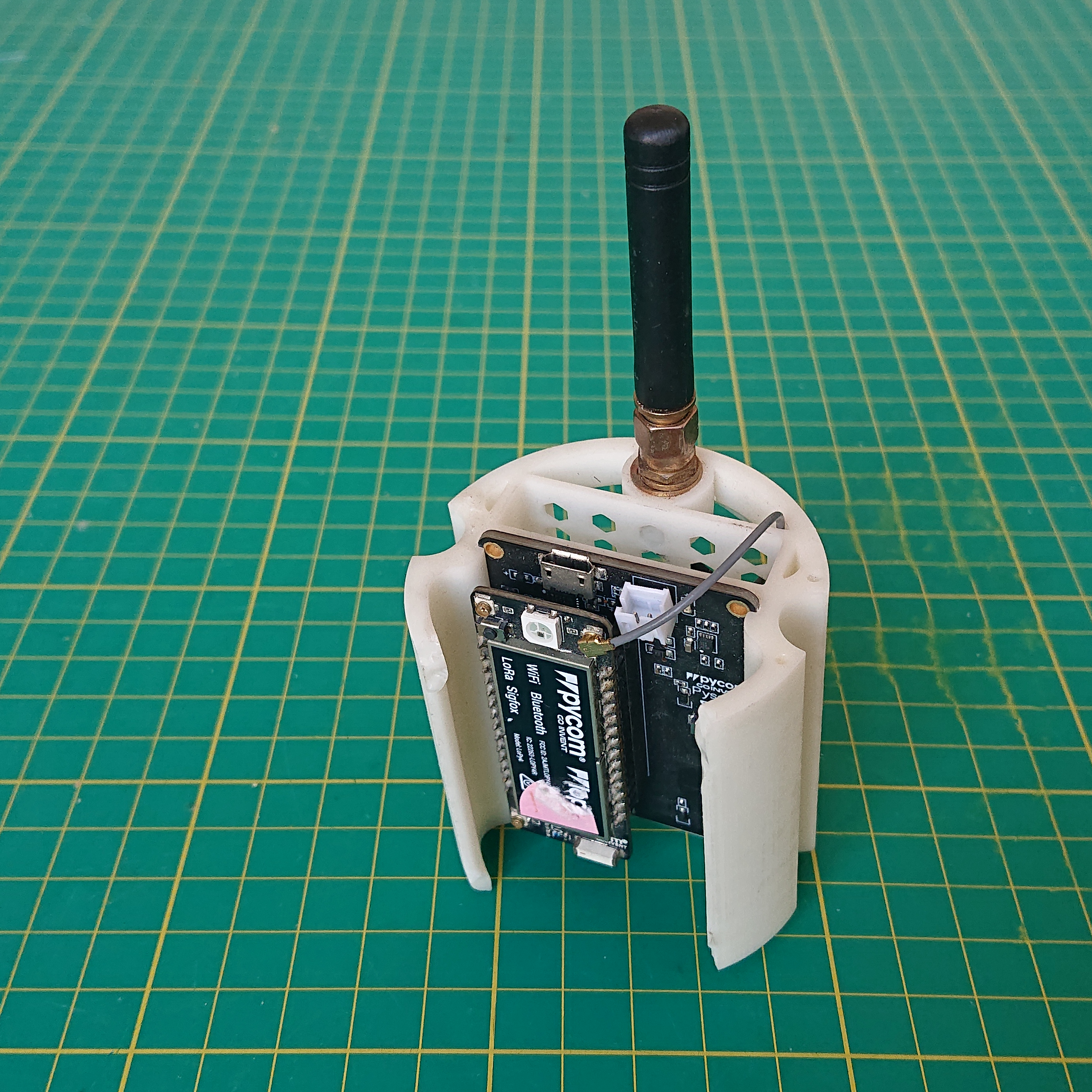 A black Pycom LoPy4 dev board sits in a 3D-printed frame which holds a short antenna. The assembly is sat on a green cutting mat.