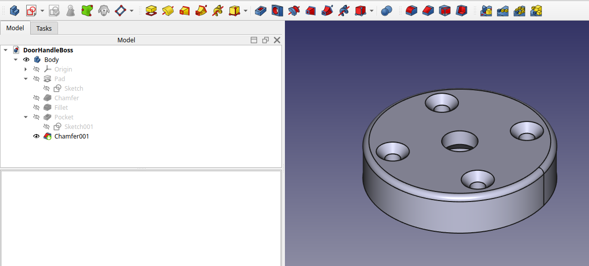 A screengrab of FreeCAD showing the finished replacement model on the right-hand side, and the tree of operations padding the initial sketched profile, chamfering the countersunk holes for the screws, and pocketing and chamfering the underside for the bolt that holds the chrome handle to the disc.