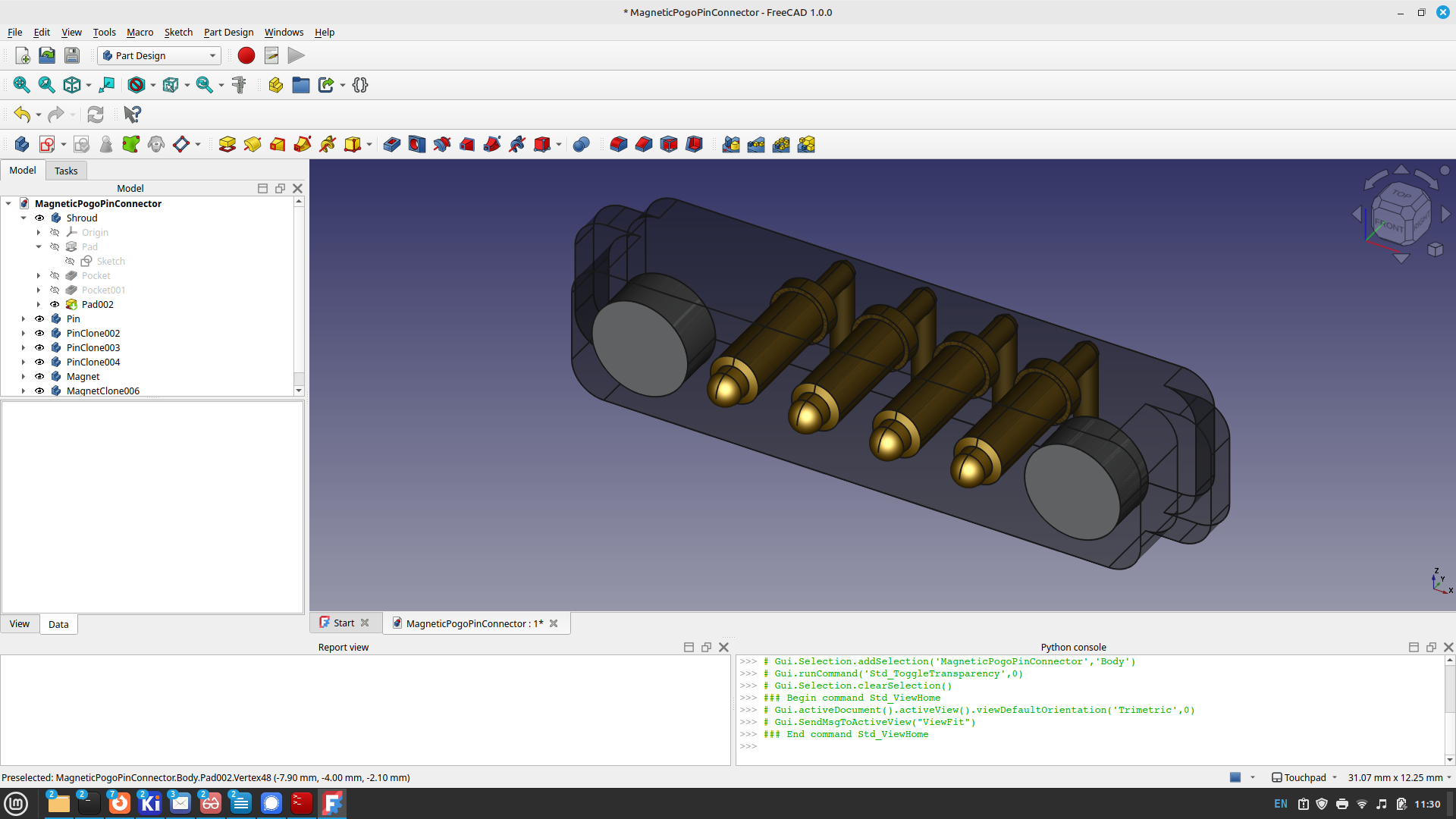 Screen grab of FreeCAD, showing a model of an electronic connector part. It's a fairly detailed model, if I do say so myself. There's a row of four gold almost bullet-shaped sprung pins, with 90 degree wires just visible to the rear. On either side of the row of pins are two silver discs for the magnets. And it's surrounded by a (semi-transparent in this render, to show the detail of the pins) black plastic housing.