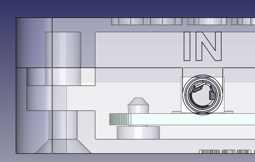 Close up of part of the design, rendered in FreeCAD. The case is rendered semi-transparent so that I can check there's room around the PCB (and there is. Hurrah!)