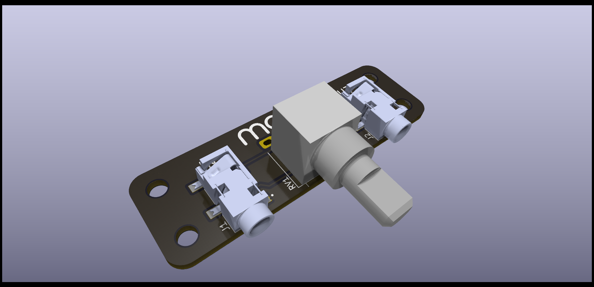 Rendering of a thin PCB which has a stereo potentiometer on it, flanked with two 3.5mm sockets.

The edge of the @MCQN_Ltd@social.mcqn.com logo is visible on the silkscreen and there are mounting holes at each corner of the PCB