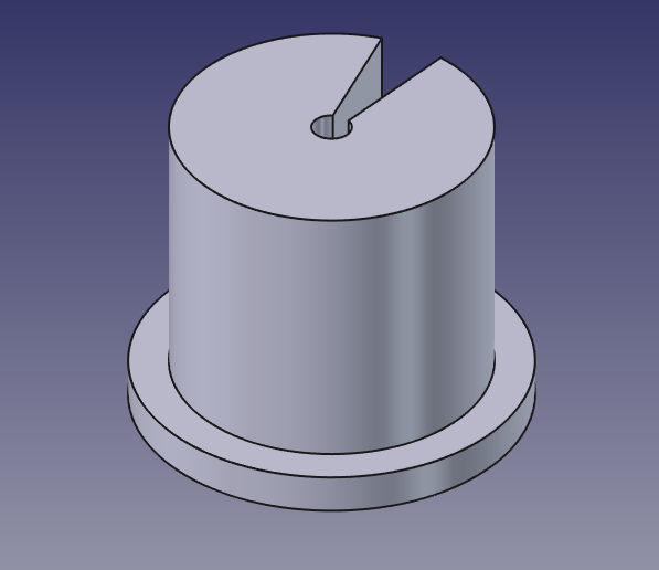 Screen grab from FreeCAD of the bushing. It's like a tiny top hat with a wedge cut out of it