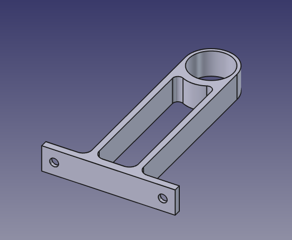 A screen grab from FreeCAD of the design. It's got a flat plate at one end with two countersunk screw holes, then two supports run away perpendicular to that to a ring at the end that the conduit will pass through