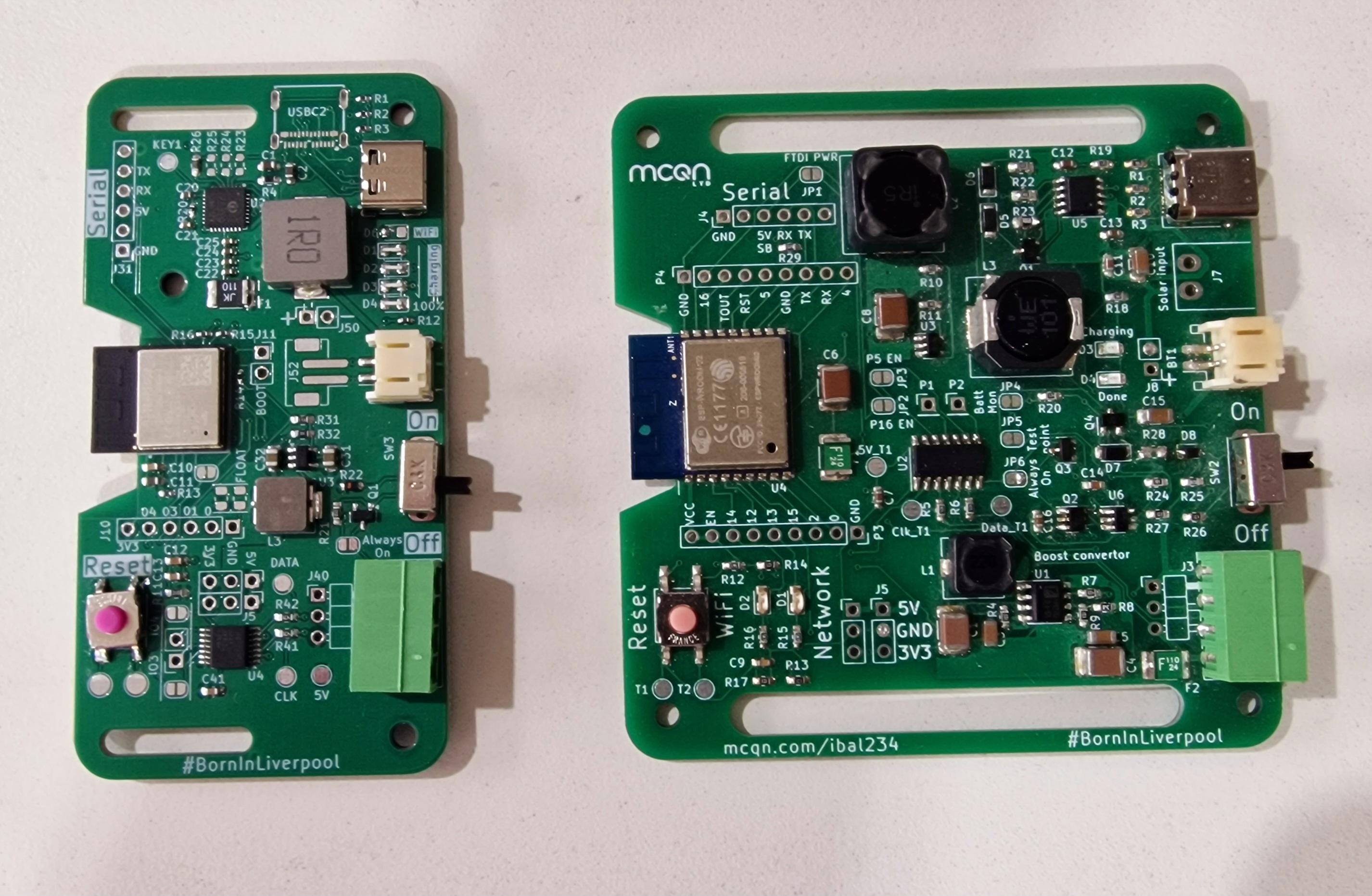 Two green pcbs. Both have esp modules on the left hand side and a switch and sockets on the right. The most important thing to note is that the newer board, on the left, is a beautiful thing..