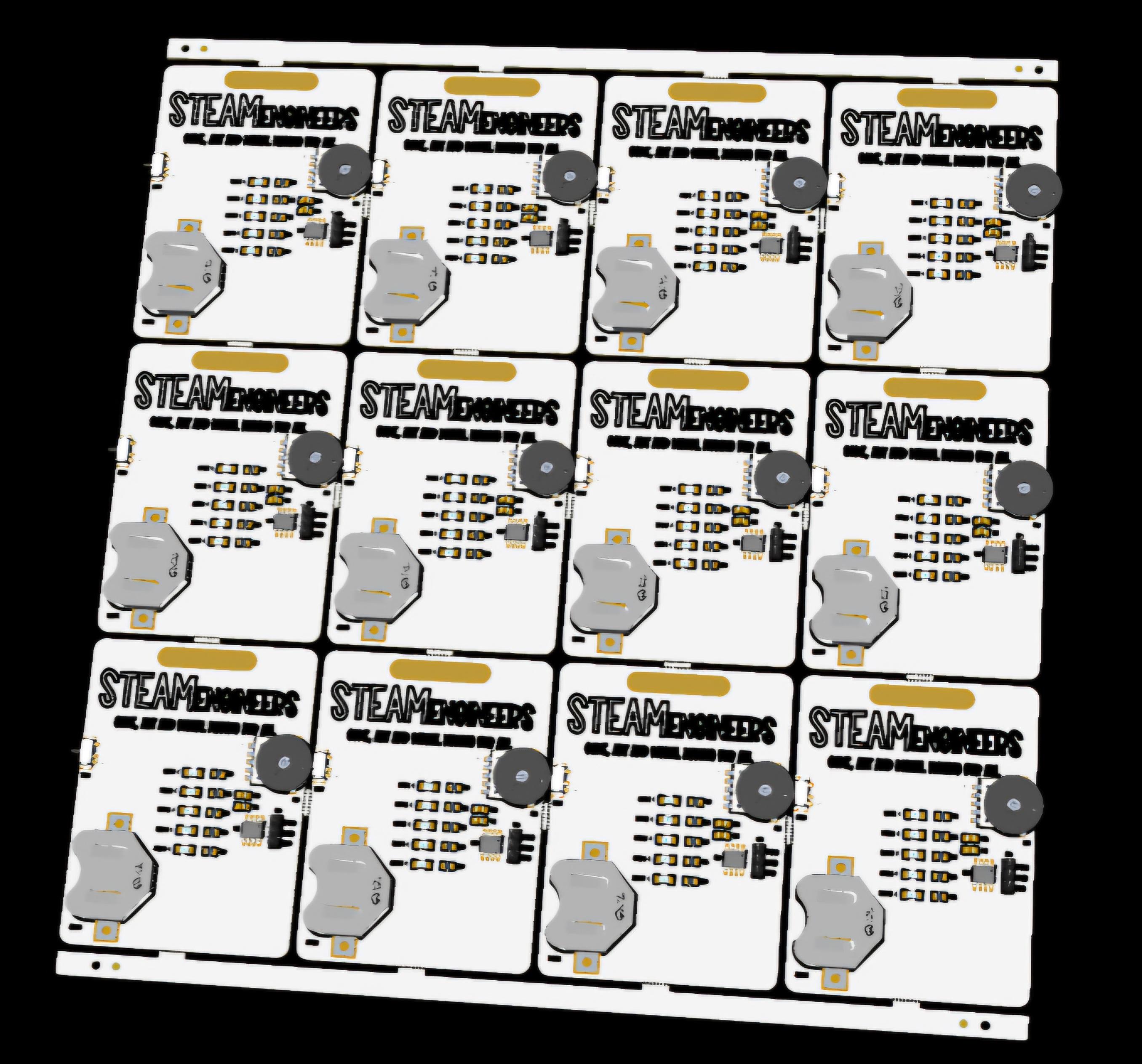 A panel of 12 identical white badge pcbs with black silkscreen. At the top is the steamengineers logo. Most prominently are the battery clip and wheel potentiometer. The potentially troublesome ch32v003 microcontroller is hardly visible at all.