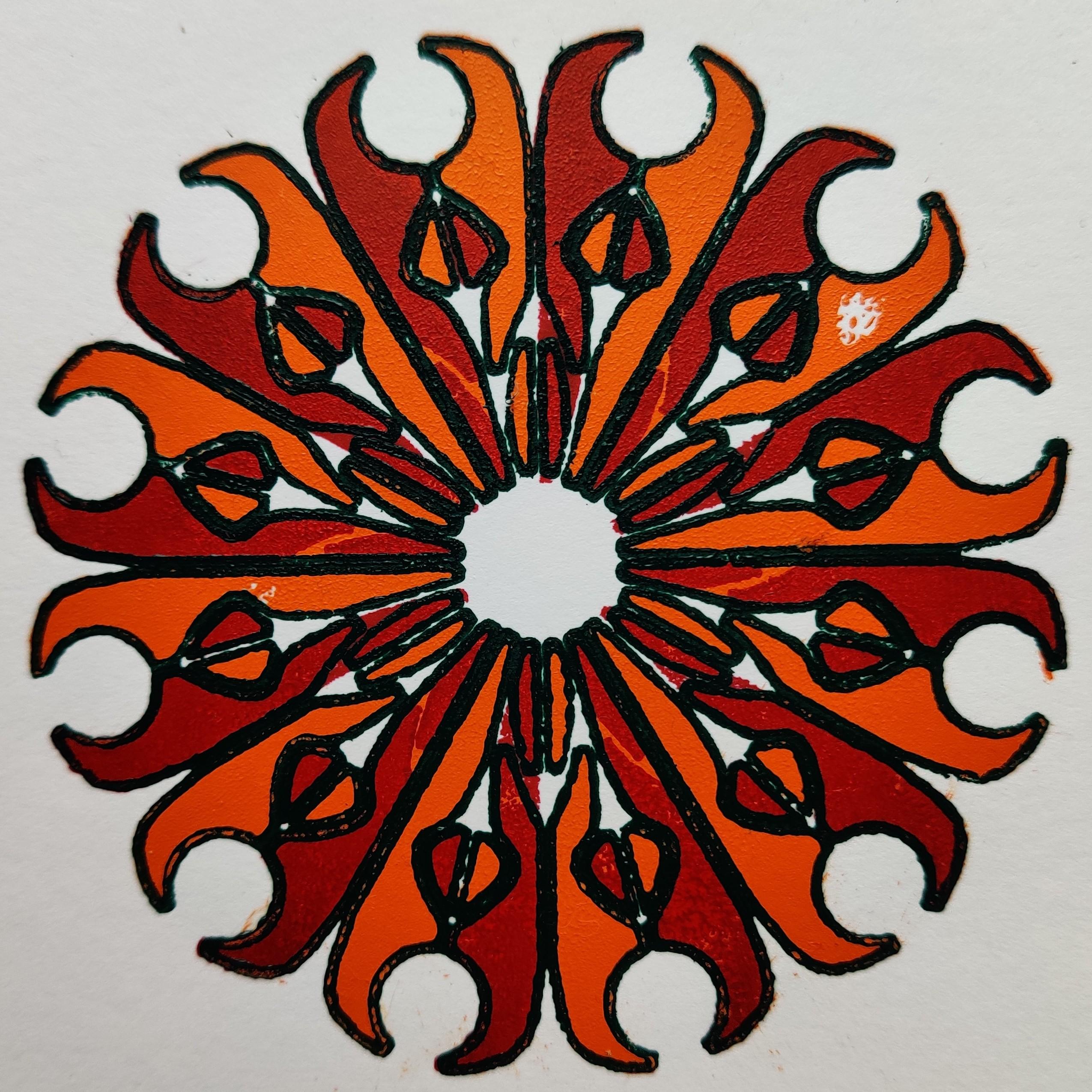 Relief print, with image reminiscent of a medieval sun, in orange, red and dark green on white card