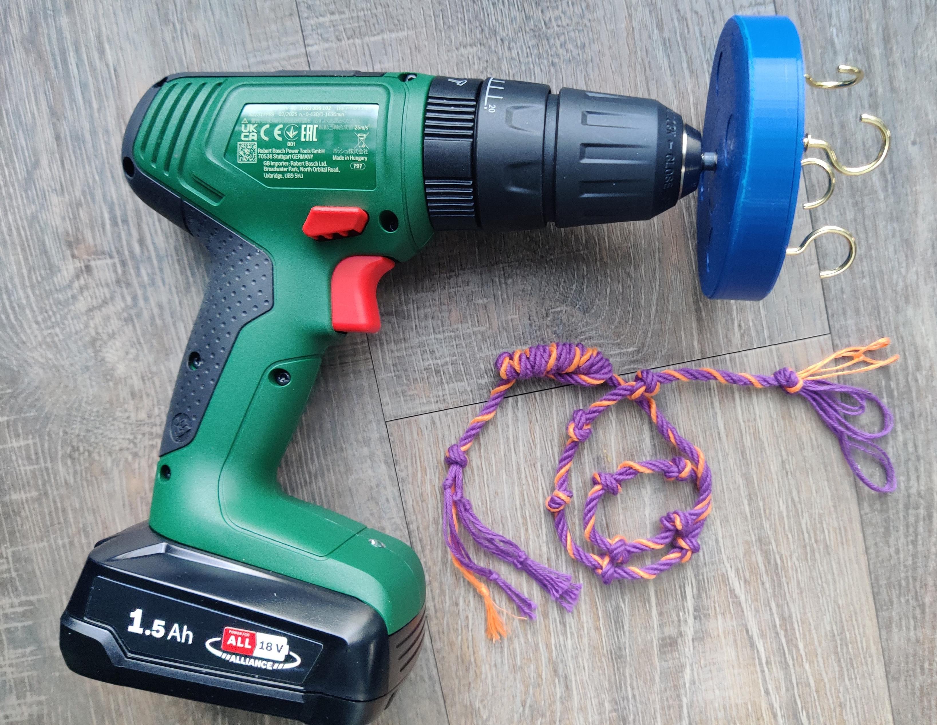 Electric drill with 3d printed cording attachment and knotted cord