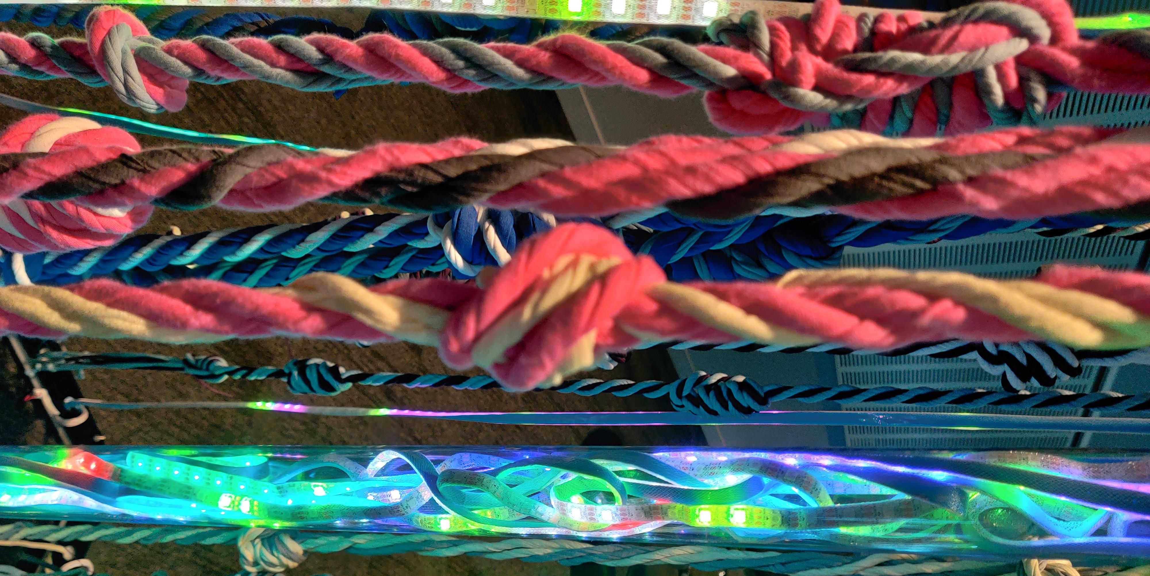 Some brightly coloured ropes made out of T shirt yarn (and some addressable LEDs)