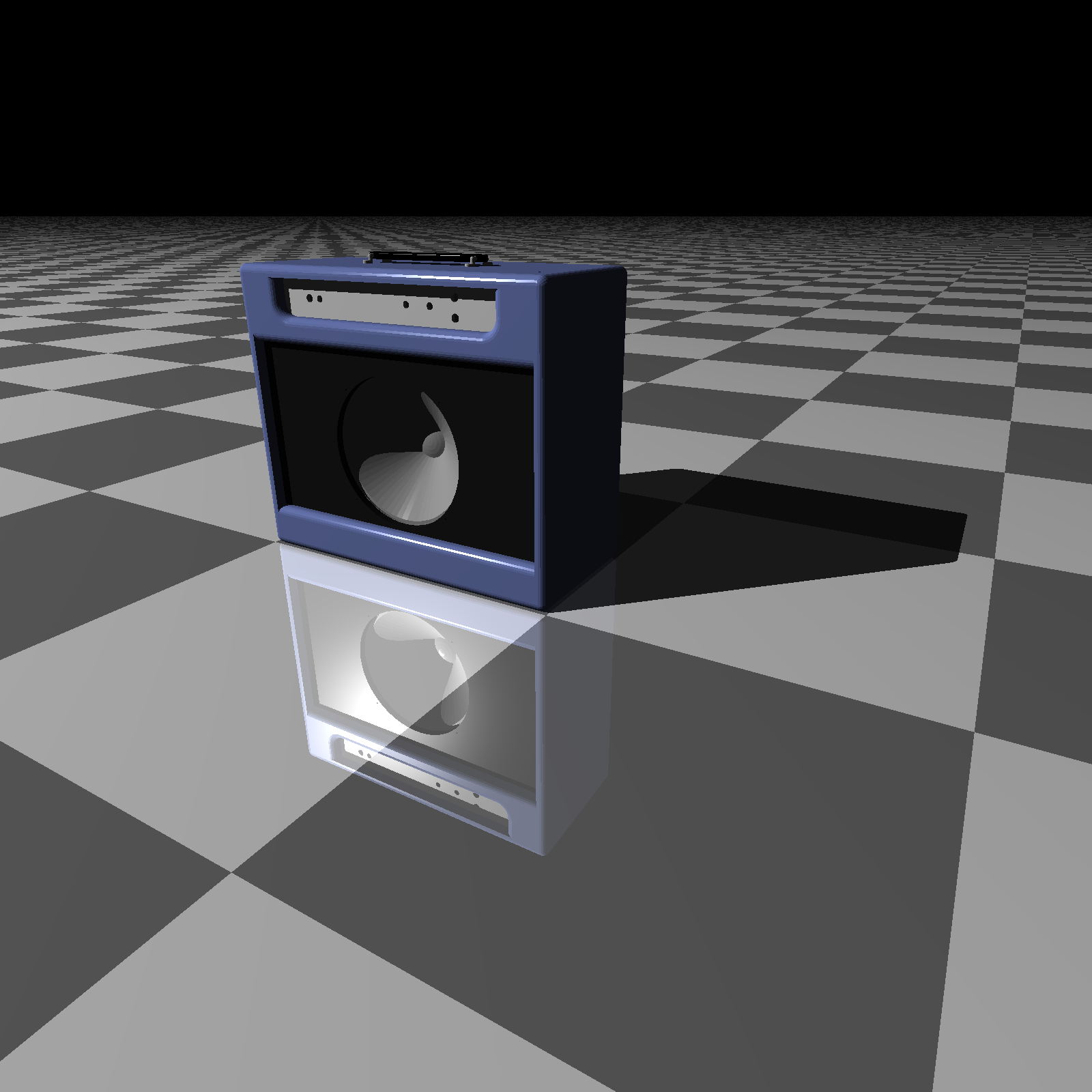 A ray traced image showing a guitar amplifier sat on an infinite checkerboard pattern plane. The amp is a typical box coloured blue with a black panel in it with a grey speaker and a control panel.