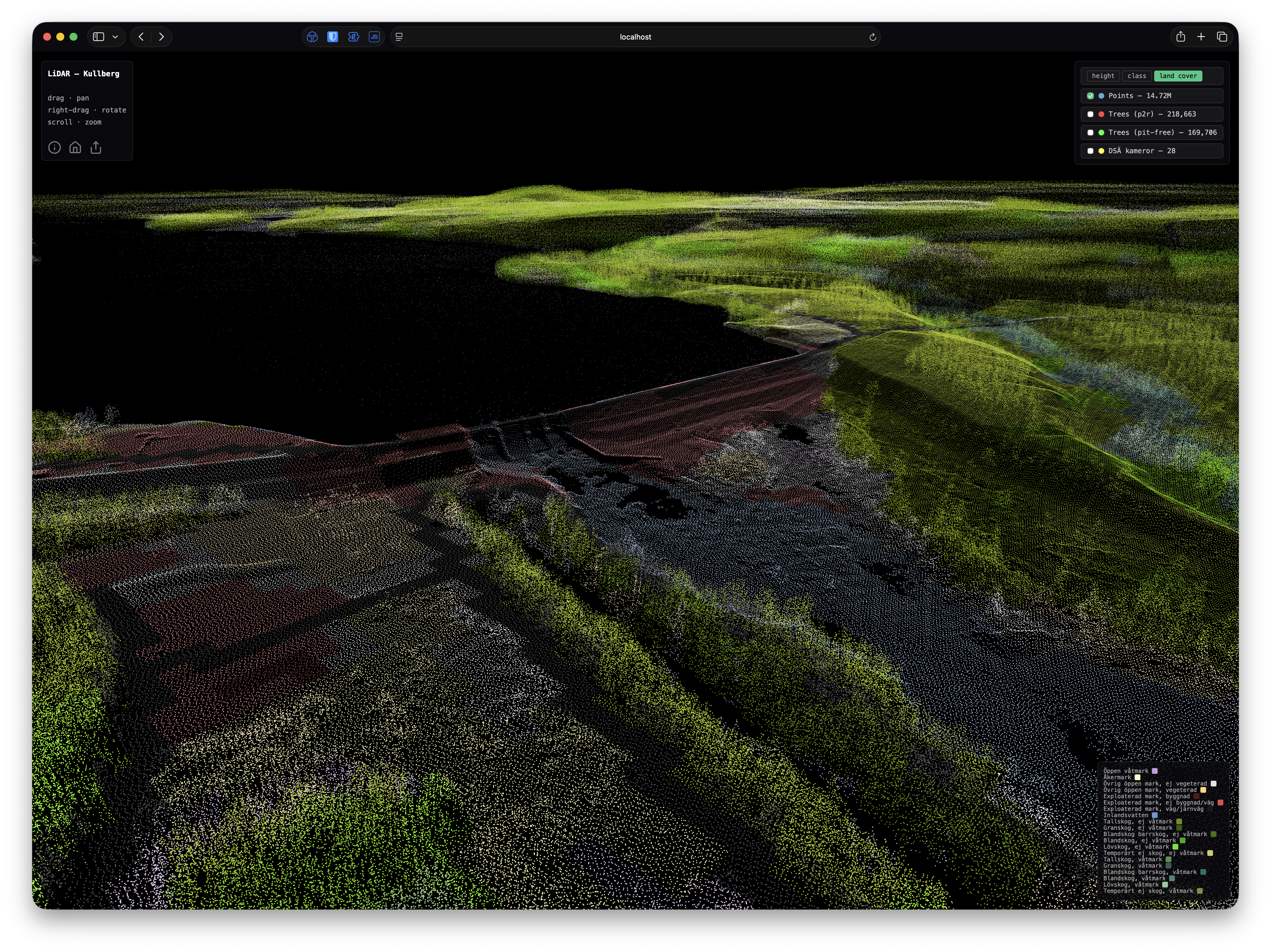 A screenshot of a web point cloud view of a damn in a forested area, holding behind it a large empty space, and water flowing down stream.