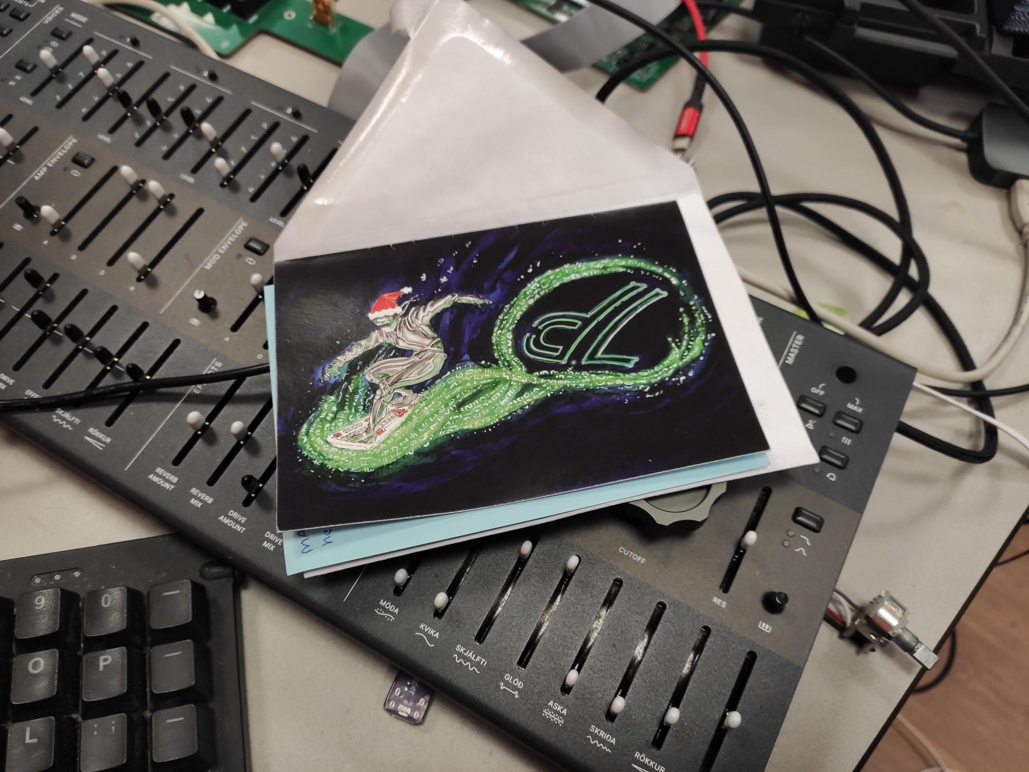 a letter from decoded.legal sitting on top of a digital synthesizer