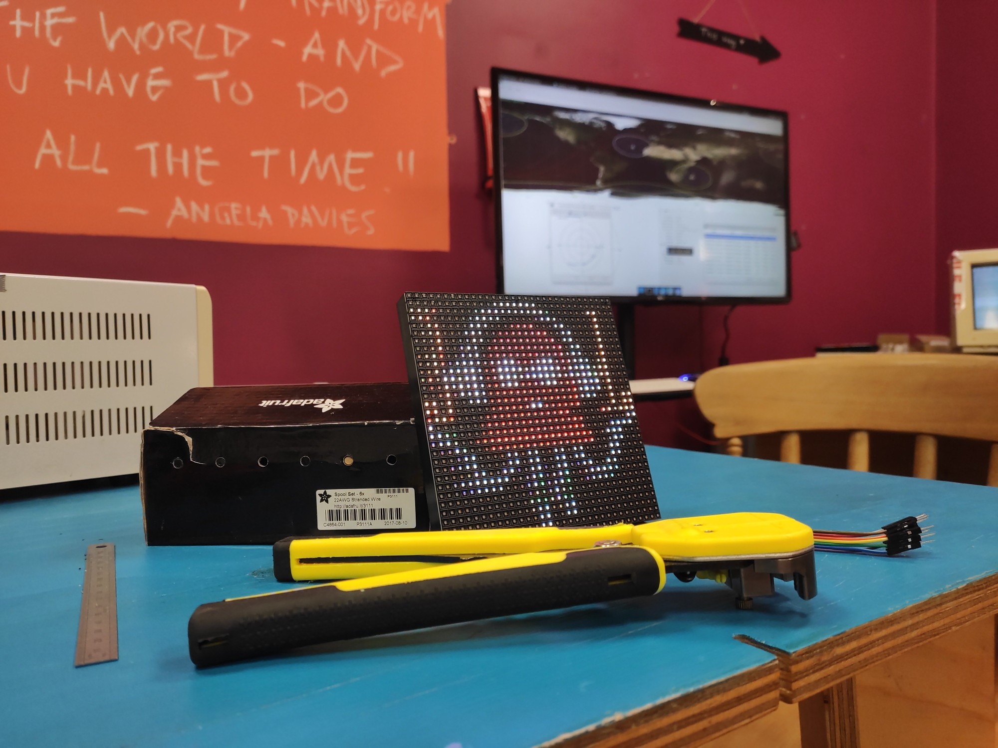 our finished 32x32 LED panel is displayed proudly on a table