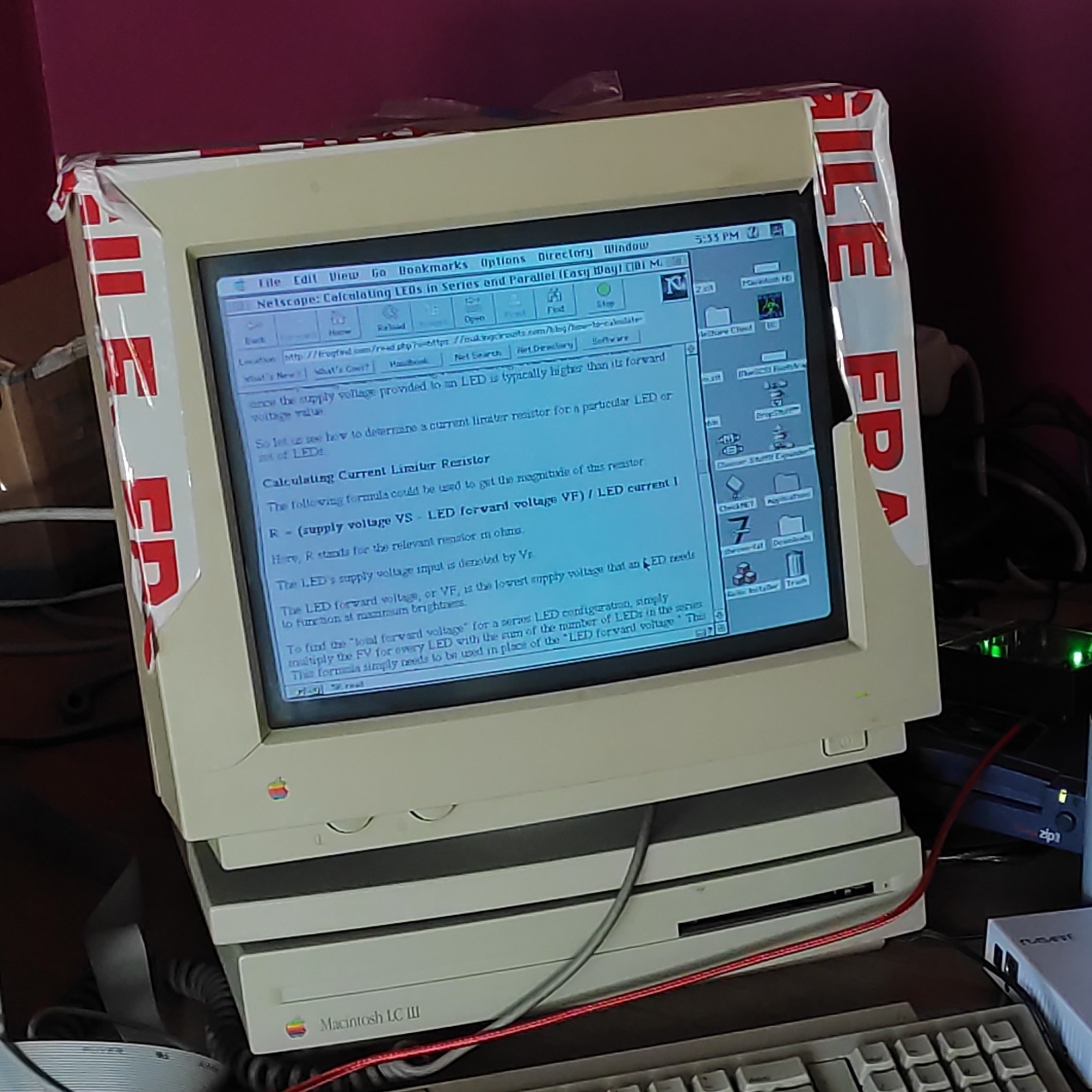 an old macintosh LCIII displaying netscape navigator, a search query has been made via frogfind.com to find an article explaining how to wire up an LED matrix